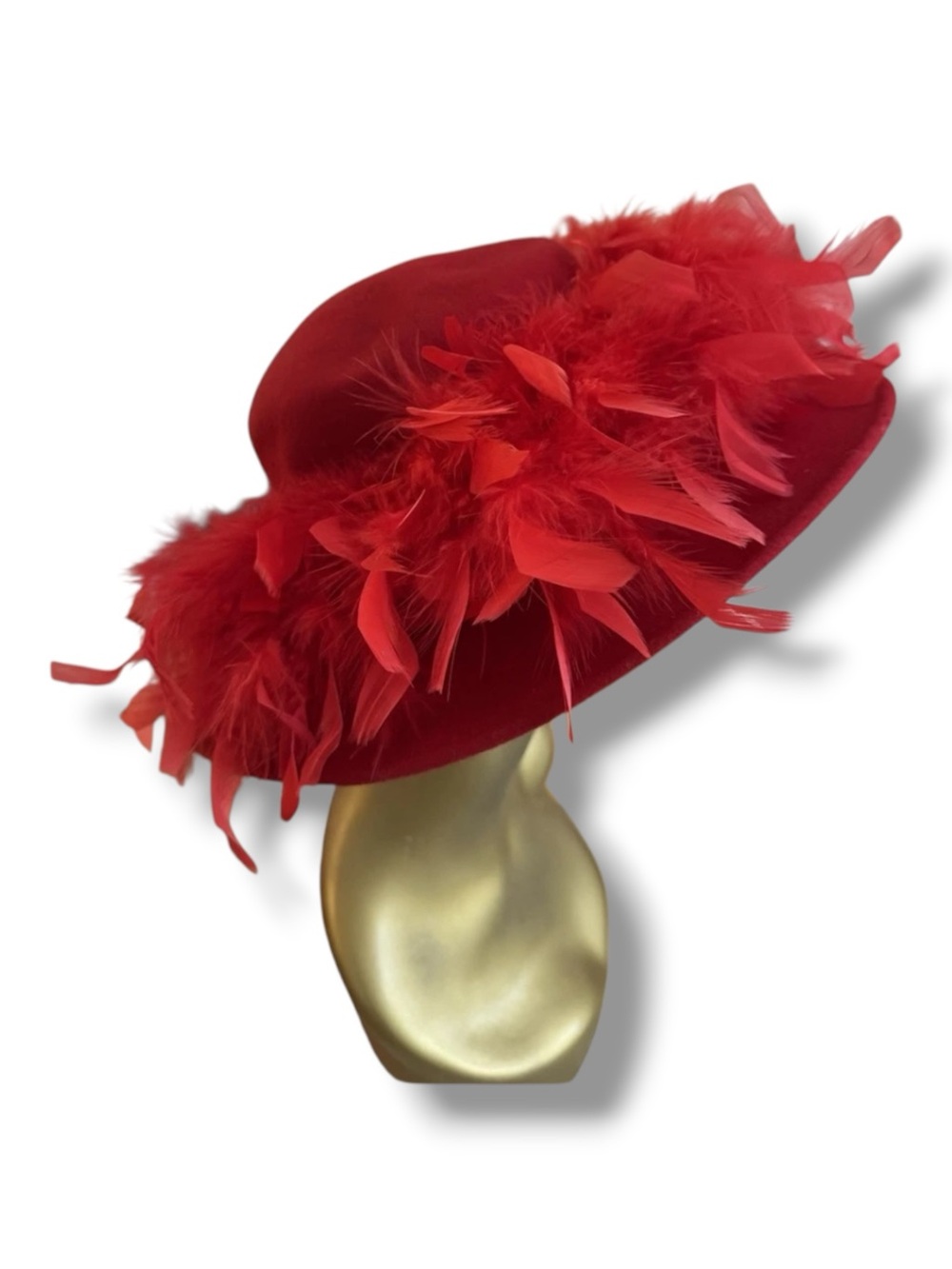 Vintage BETMAR Red Feather Wide-Brim Wool Statement Derby Hat